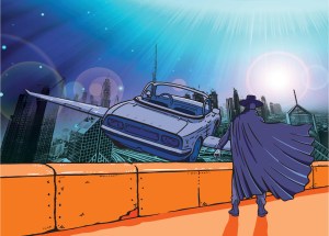 PIcture of the cover of Close Enough by M T McGuire depicting a man in a hat and cloak standing on a parapet looking out over the city and a hovvering flying car. The colour palette is mostly blue and purple but the parapet is orange.