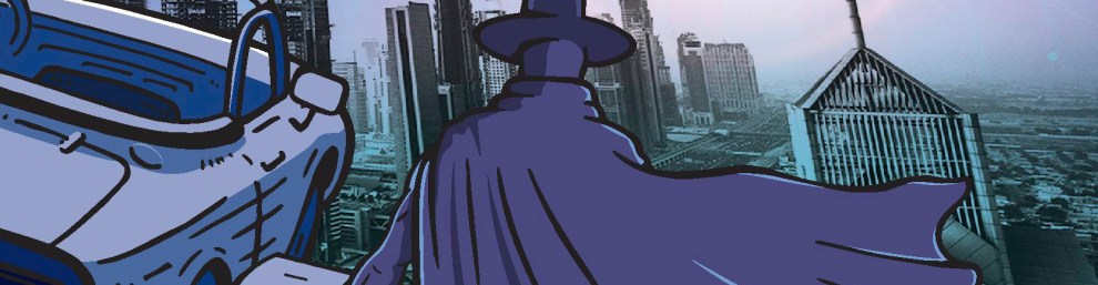 Book cover cover shows a man in a cloak with his back to us looking out from a green parapet across a city. In front of him, half off screen, is a hovvering car with wings which, in this series, is called a snurd.