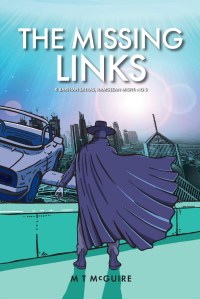 Book cover cover shows a man in a cloak with his back to us looking out from a green parapet across a city. In front of him, half off screen, is a hovvering car with wings which, in this series, is called a snurd.