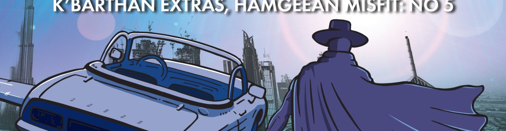 Book cover cover shows a man in a cloak with his back to us looking out from a green parapet across a city. In front of him, half off screen, is a hovvering car with wings which, in this series, is called a snurd.