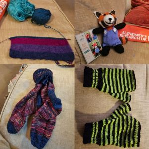 Group of photos showing knitting, socks, stripy mittens, a bear and the beginnings of a scarf.