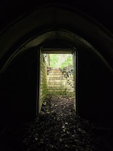 Picture of doorway out of a dark subterranean vaulted building with green trees and a brick wall beyond 